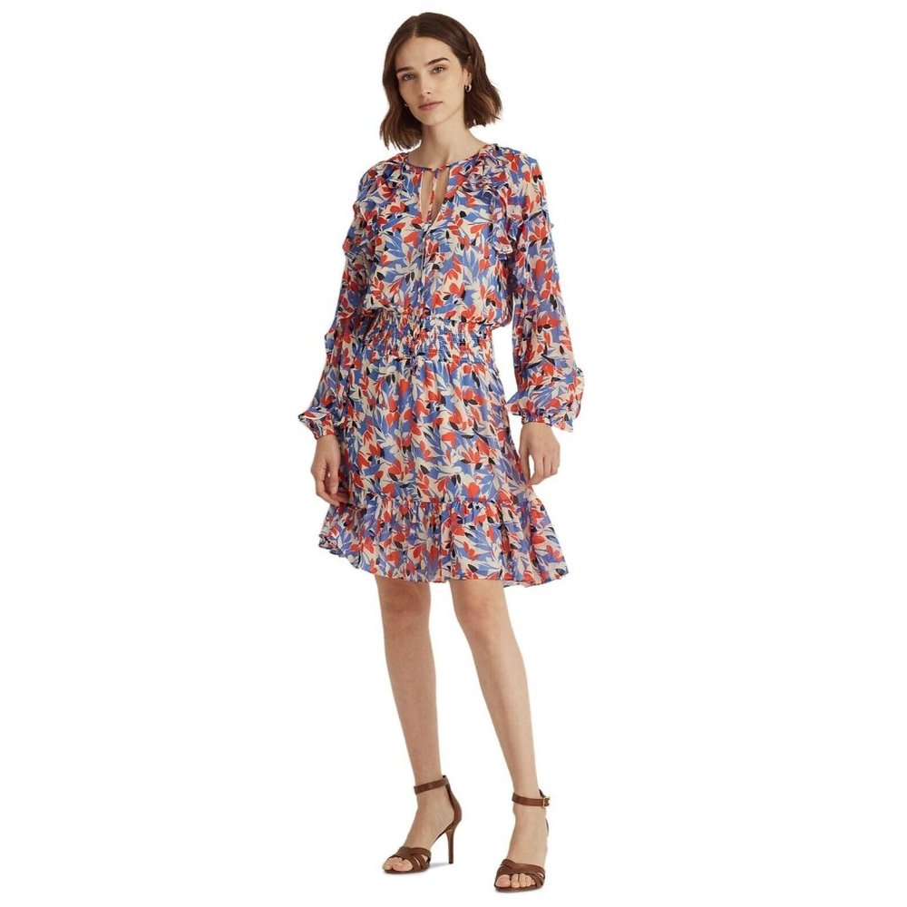 Lauren Ralph Lauren Petite Fit Flare Floral Dres Blue orange Multi Size 2P $185